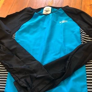 Girls blue, white, black swim shirt